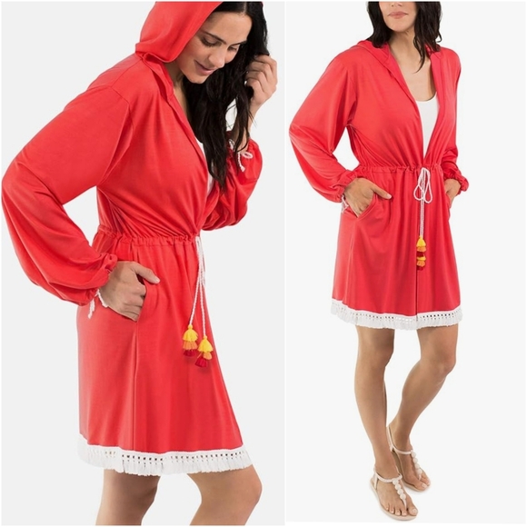 NEW! SUN50 Sun Protective Hooded Robe Cardigan Coverup Tassel Fringe XL - Picture 1 of 15